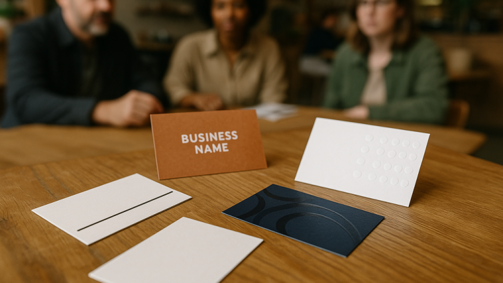 Selection of business cards with various finishes like matte, spot UV, and embossing