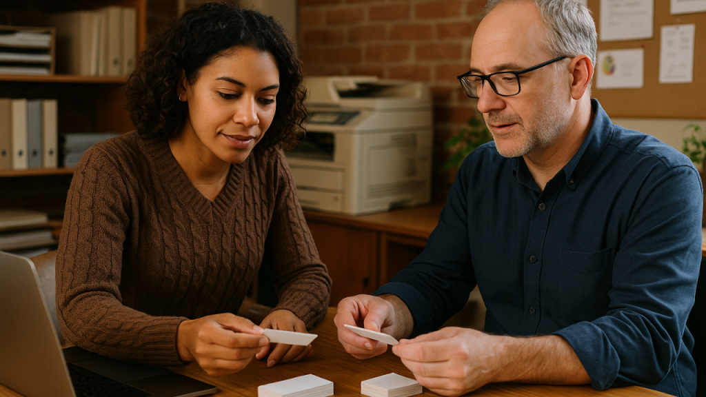 Person consulting with printing expert about business cards in Oakham