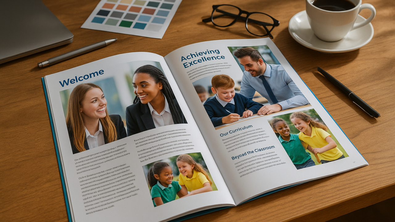 Open school prospectus booklet on a desk with design tools
