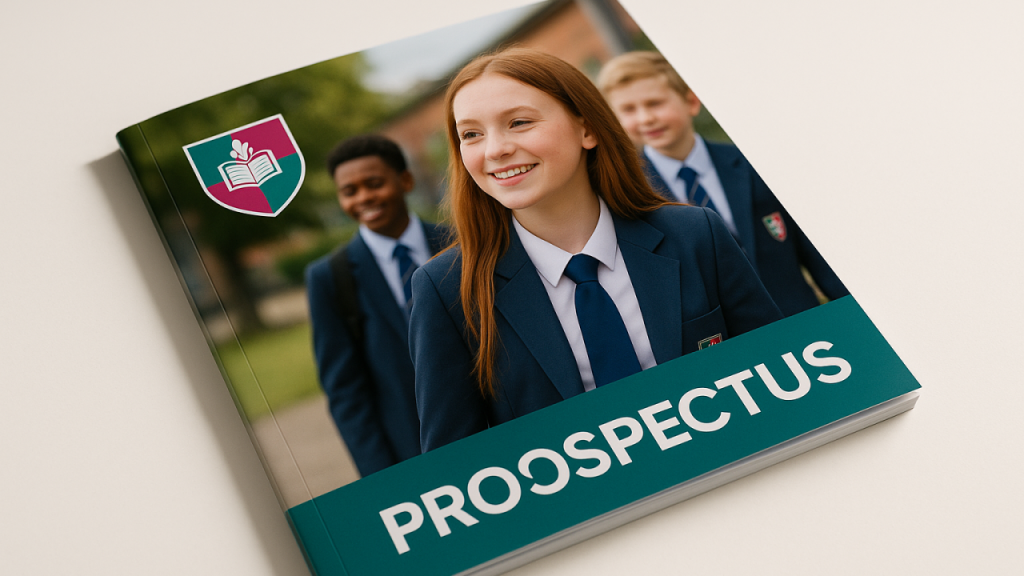 Close-up of a silk finished prospectus booklet with colourful school branding