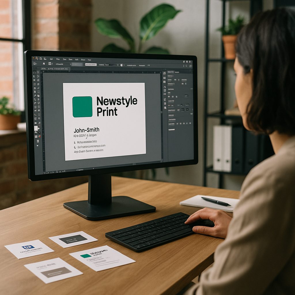 Business card design process at a designer’s desk