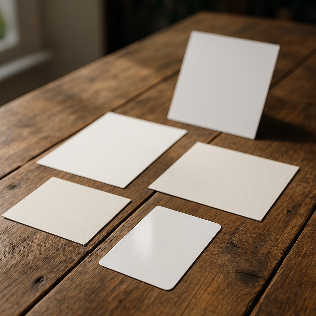 Various flyer sizes and paper finishes on wooden table