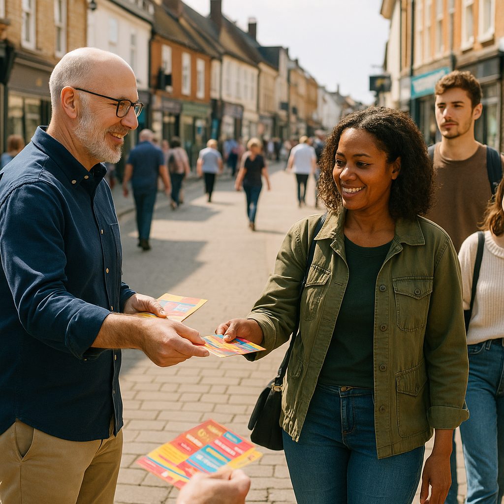 Business owner distributing flyers in Rutland town centre