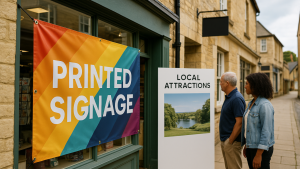 Examples of printed signage in Oakham, Rutland showing wide format banner and litho printed sign