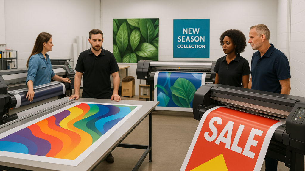 Wide format printing banners and signage in a professional print workshop