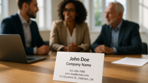 Close-up of a business card on a wooden desk in an office environment in Oakham