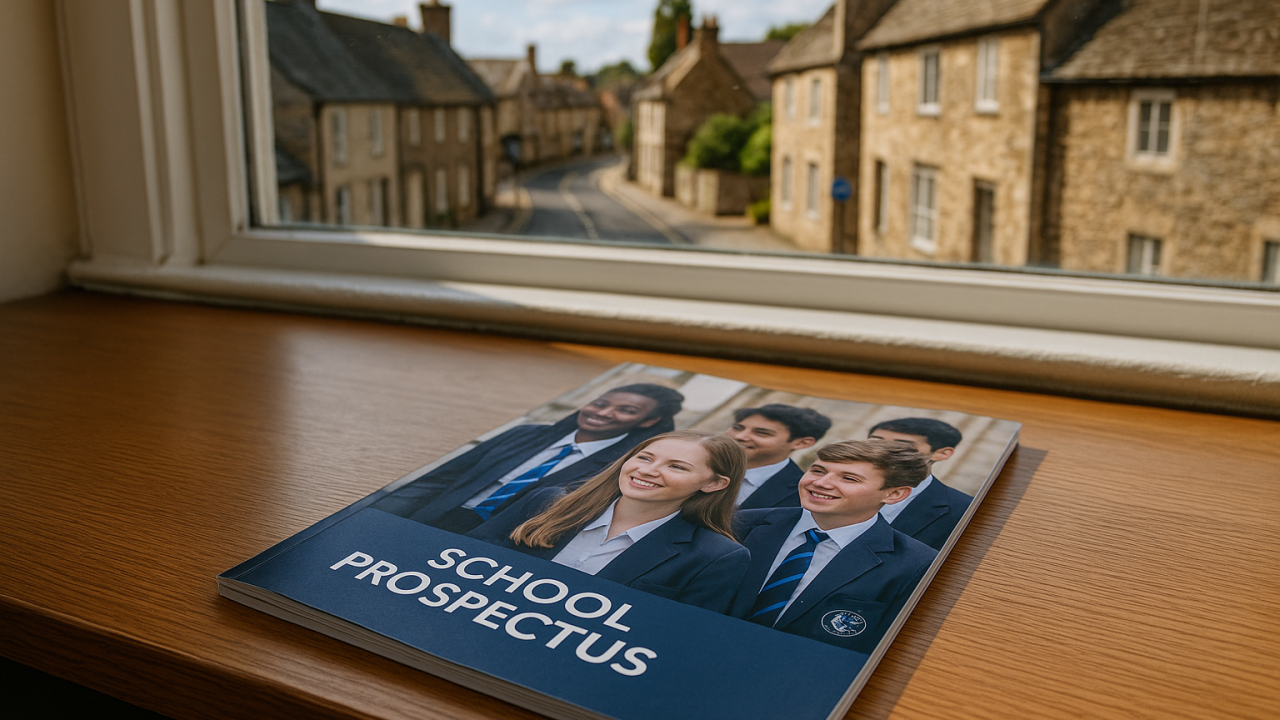 Printed school prospectus on a wooden desk with Oakham scenery in background