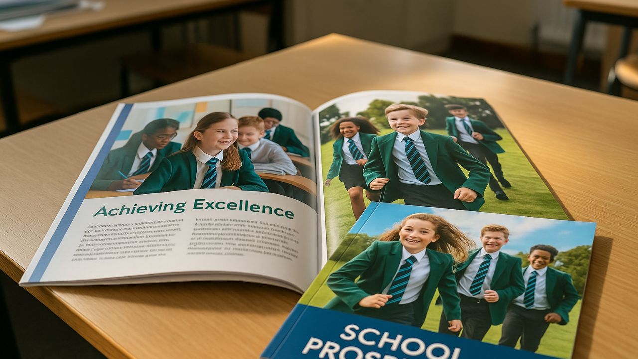 Custom printed school prospectus on a desk with school-related items nearby