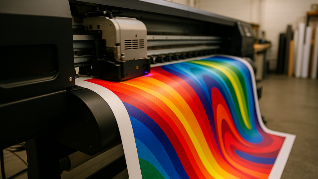 Wide format printer producing a colourful banner