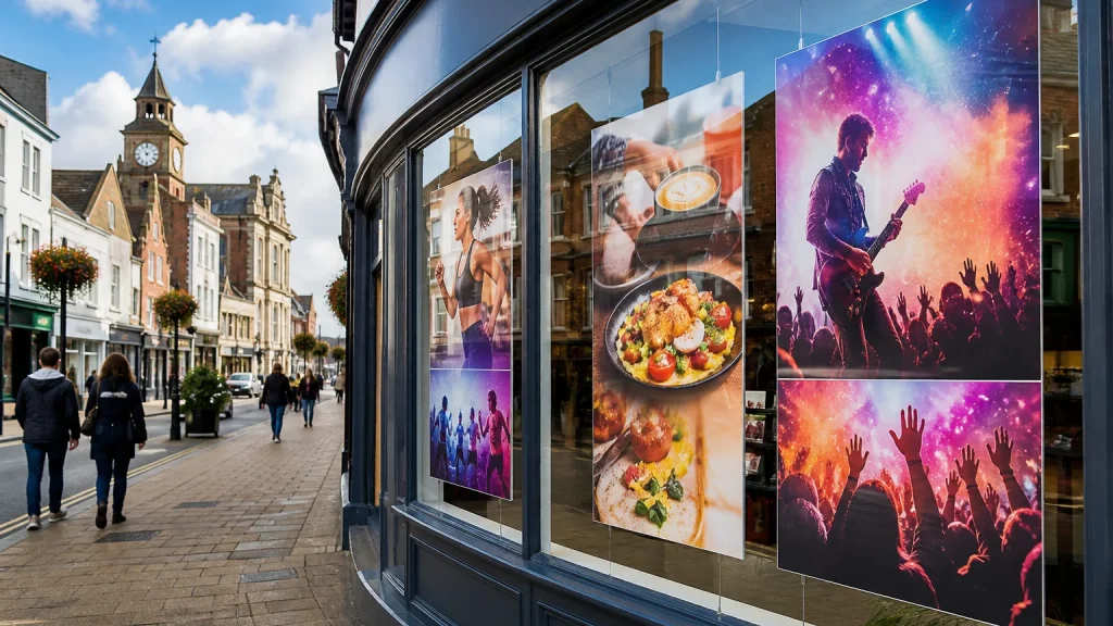 Shop window featuring large digital posters for local business promotions in a UK town