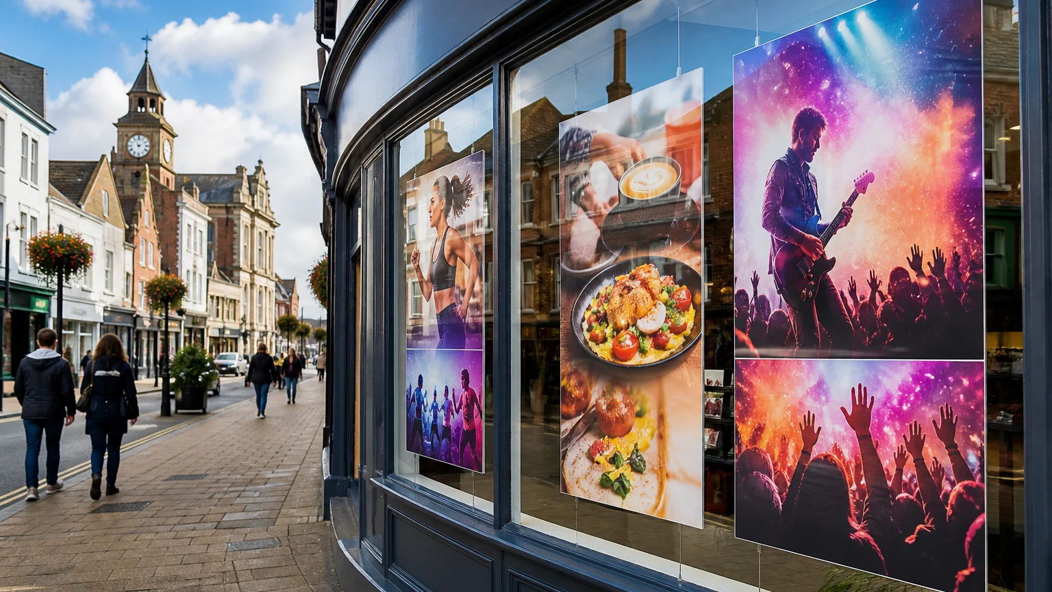 Shop window featuring large digital posters for local business promotions in a UK town