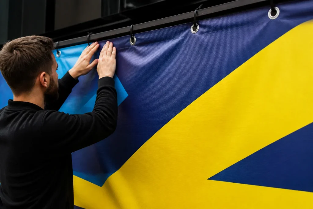 Close-up of custom banner with high-contrast colours and clear text