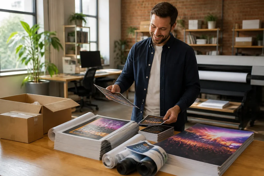 Business owner receiving and reviewing delivered printed materials