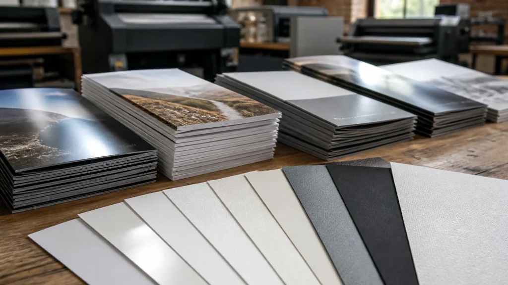 Stacks of business brochures showcasing different paper stocks and finishes in a UK print workshop.