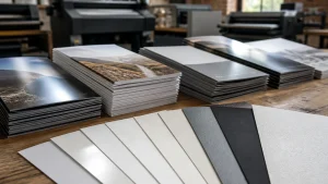 Stacks of business brochures showcasing different paper stocks and finishes in a UK print workshop.