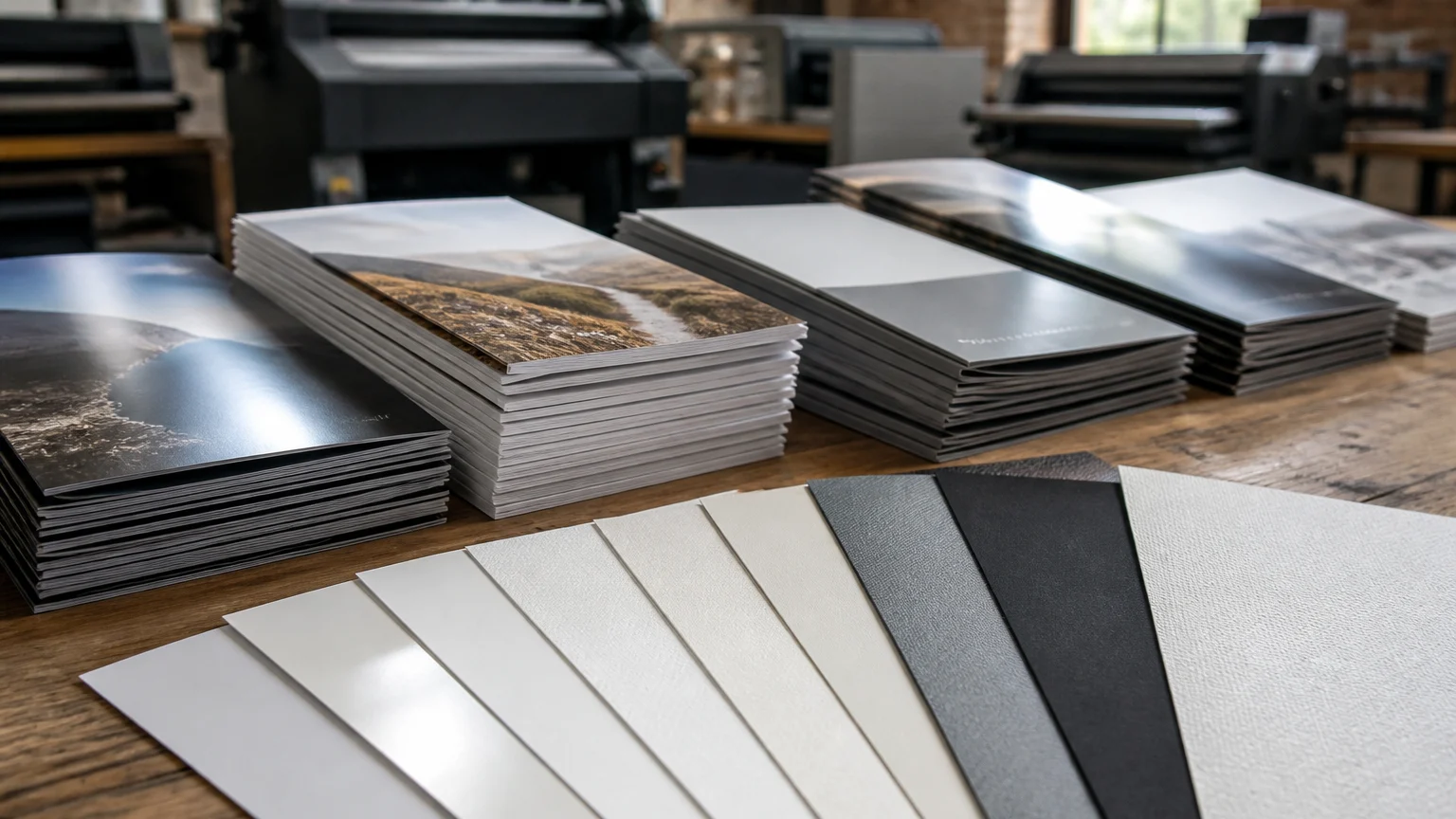 Stacks of business brochures showcasing different paper stocks and finishes in a UK print workshop.
