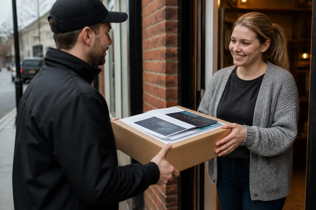 Courier delivering printed materials package to small business