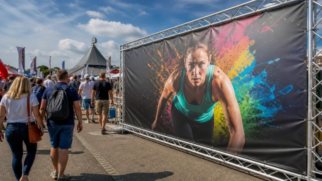 Custom printed PVC banner displayed outdoors at a busy UK event with clear branding and bold colours.