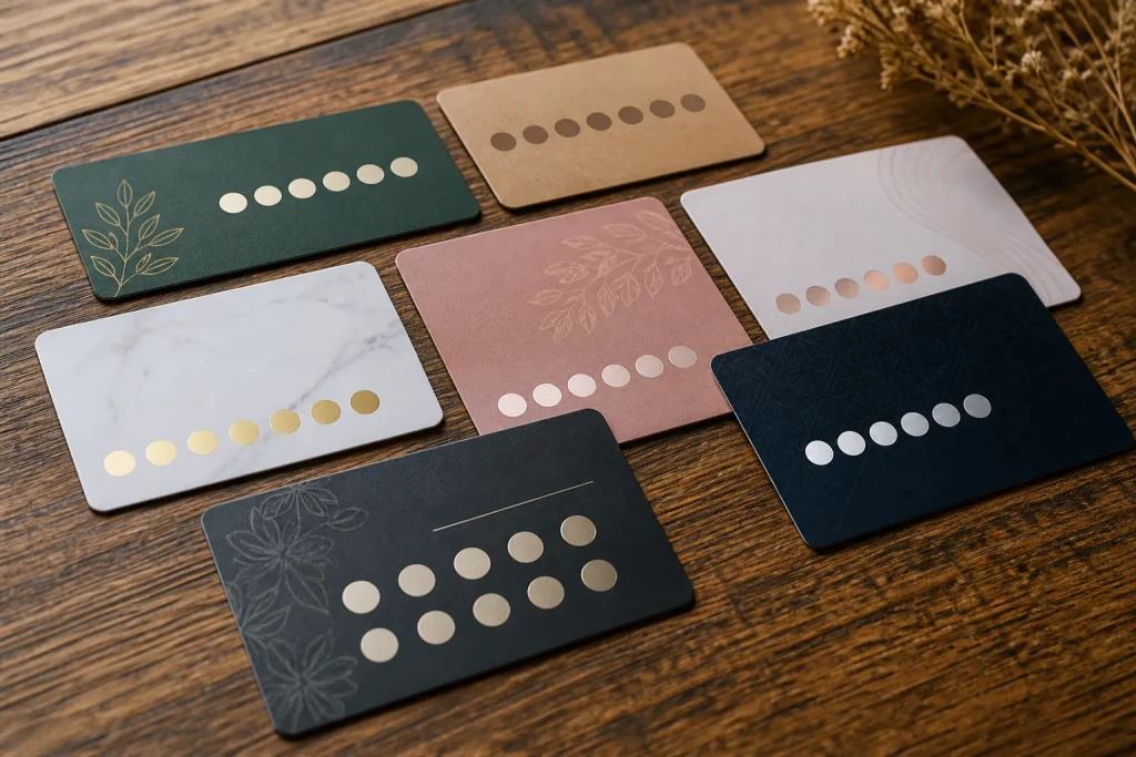 Various custom loyalty cards with different printing finishes on display