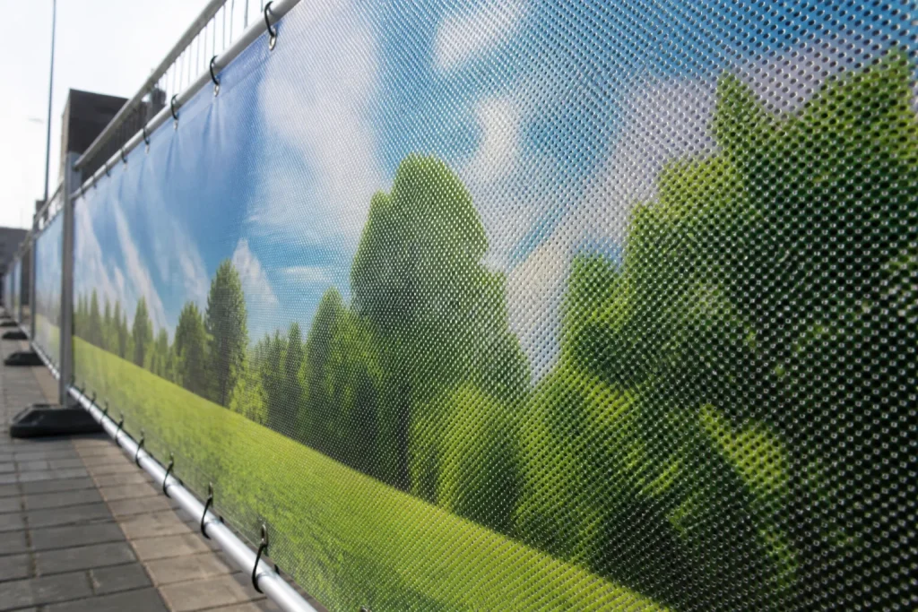 Close-up of a custom printed mesh banner showing perforated texture and vibrant print.