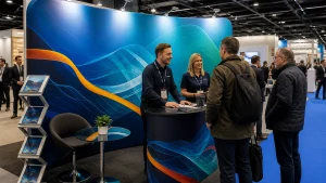 Custom pop up display stand at a busy UK trade show with visitors interacting