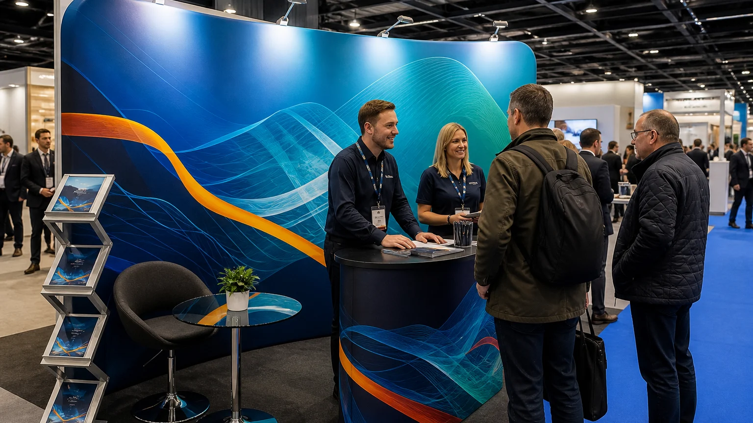Custom pop up display stand at a busy UK trade show with visitors interacting