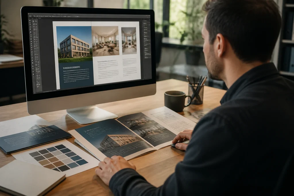 Designer working on brochure layout with printed samples