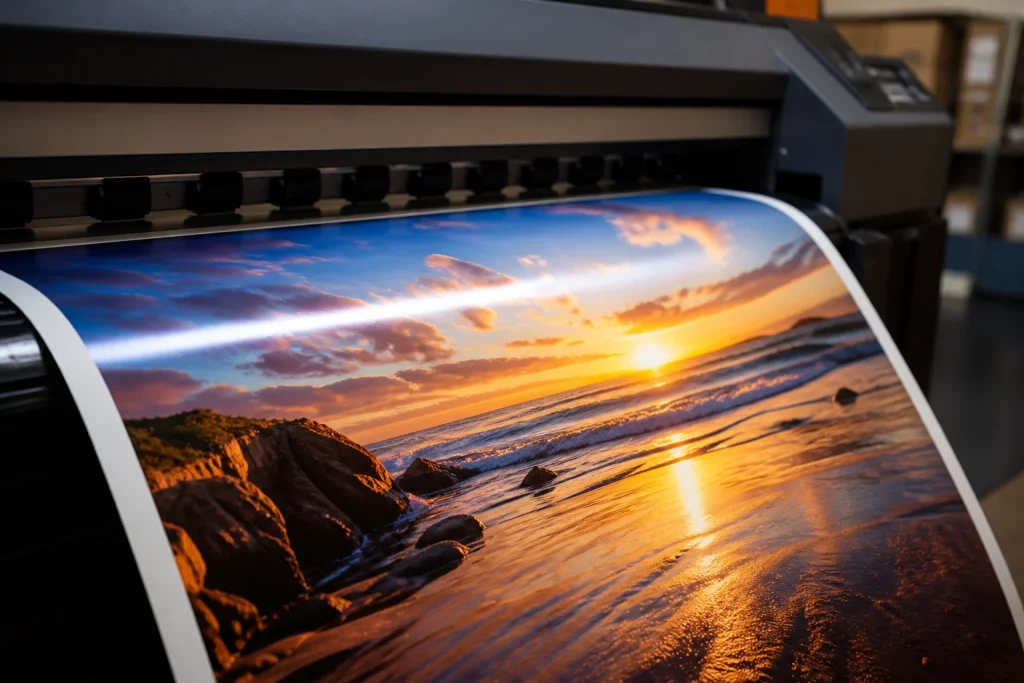 Close-up of vibrant digital poster on gloss paper