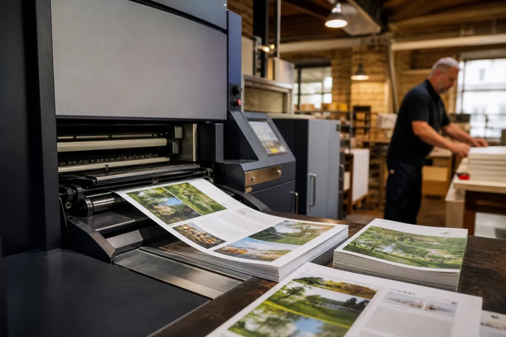 Digital printing machine producing eco-friendly brochures using vegetable-based inks