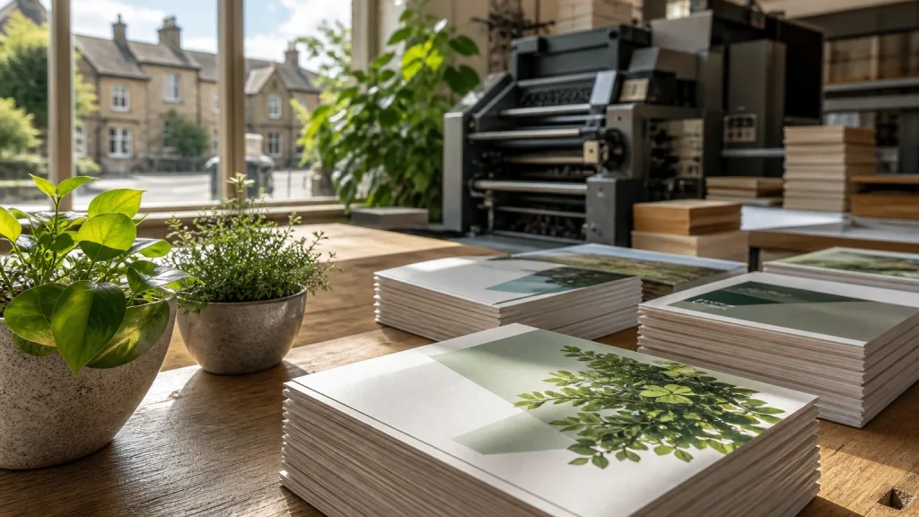 Eco-friendly printed brochures on sustainable paper in a bright local printing workshop in Oakham
