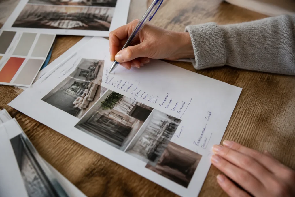 Hands editing printed flyer with copy notes