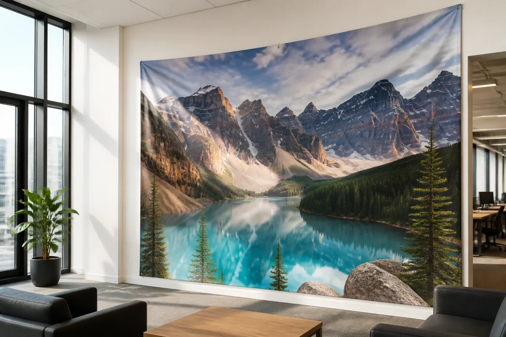 Fabric banner hanging indoors with vivid colours and smooth texture.