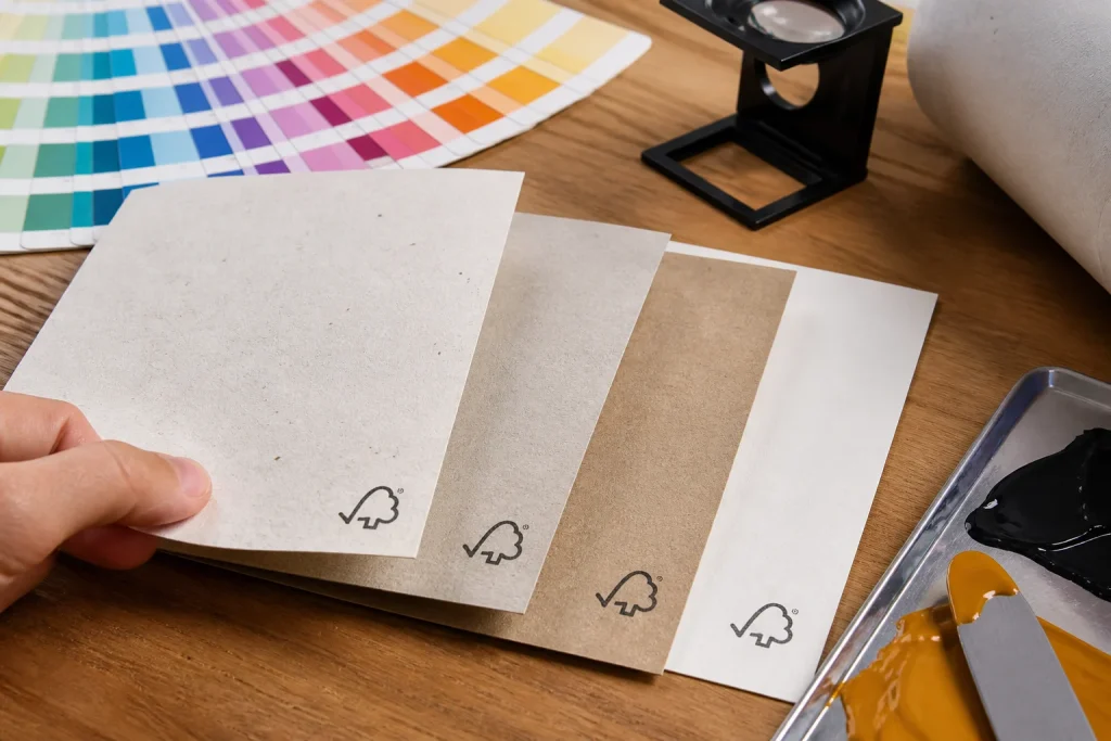 Close-up of FSC certified paper stock samples on a wooden desk with printing tools