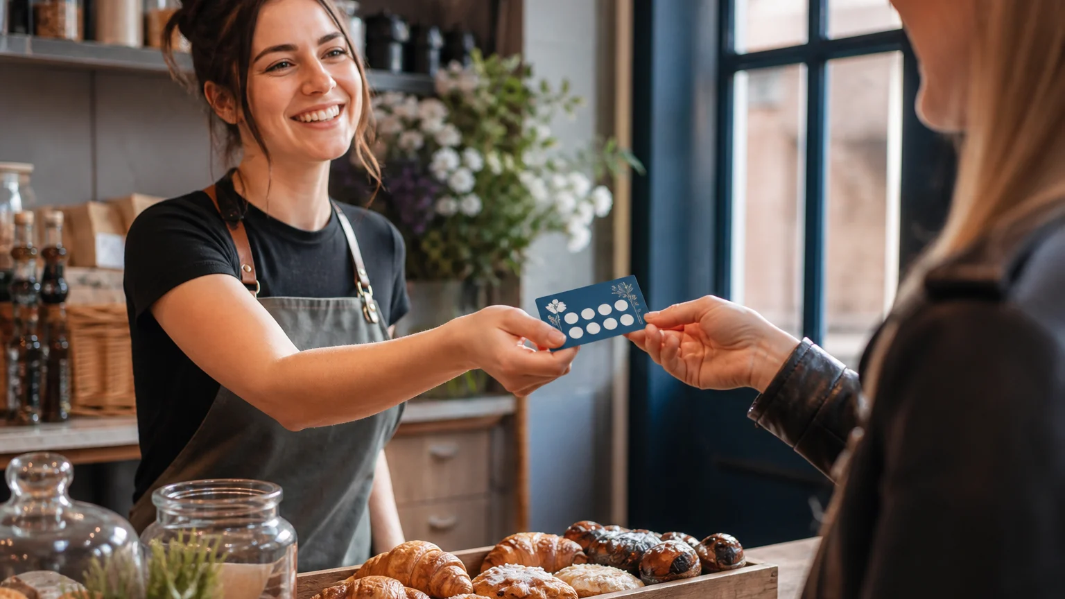 Hand giving a custom loyalty card to a customer inside a small UK business shop