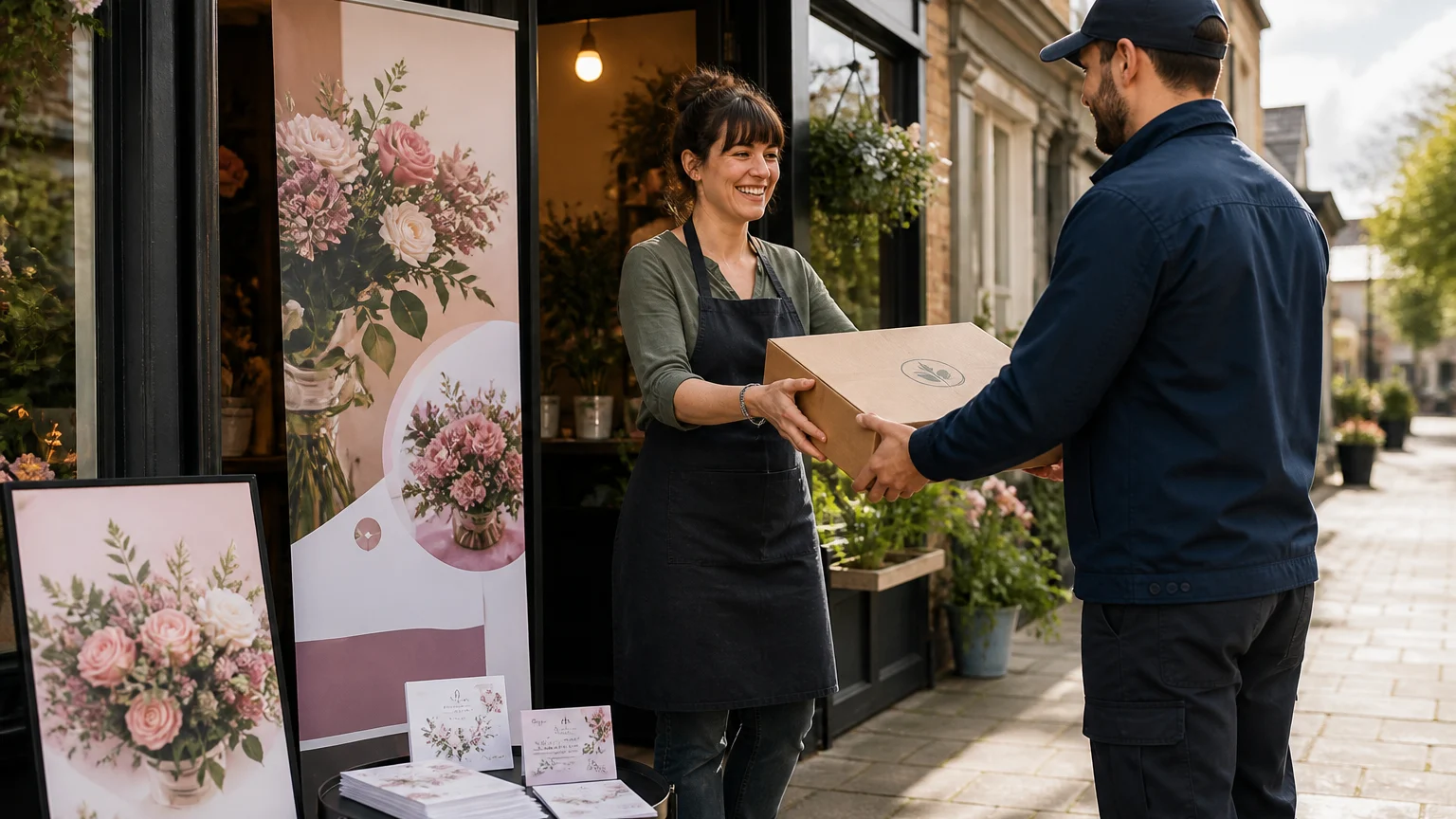 Small business storefront featuring printed banners and flyers with delivery boxes outside