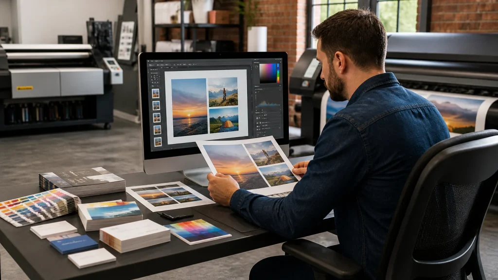 Designer reviewing print-ready artwork with printed samples of business cards and flyers on a worktable