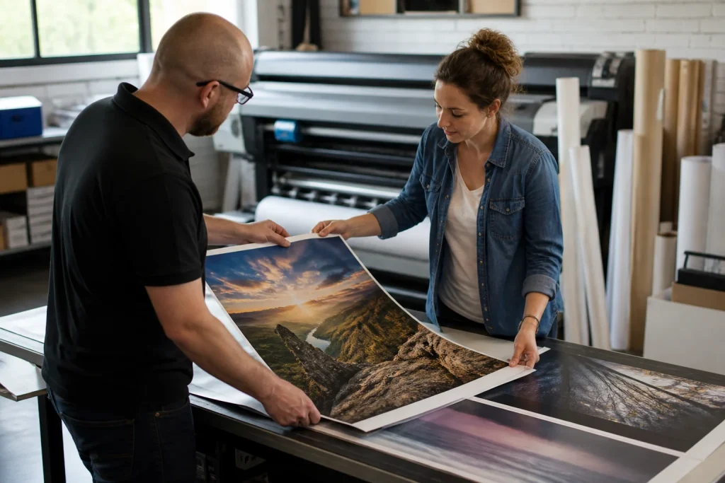 Business owner and print expert discussing digital posters in print shop