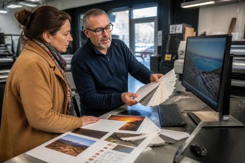 Printer expert reviewing artwork files with customer for print readiness