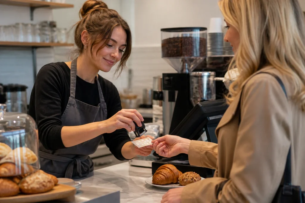 Cashier stamping a customer's loyalty card at a UK cafe