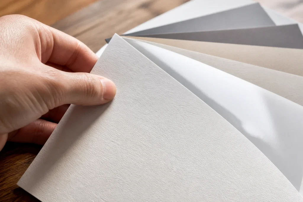 Hand touching various paper stocks with different finishes for brochures.