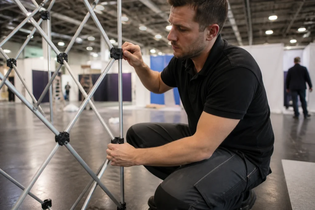 Person setting up a custom pop up display frame
