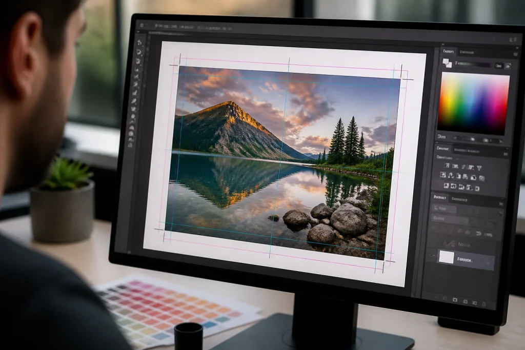 Computer screen displaying print-ready artwork with bleed and safe margins