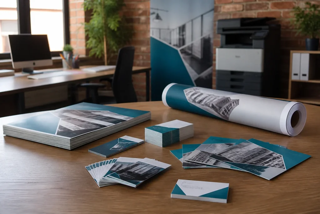 Printed business marketing materials on desk