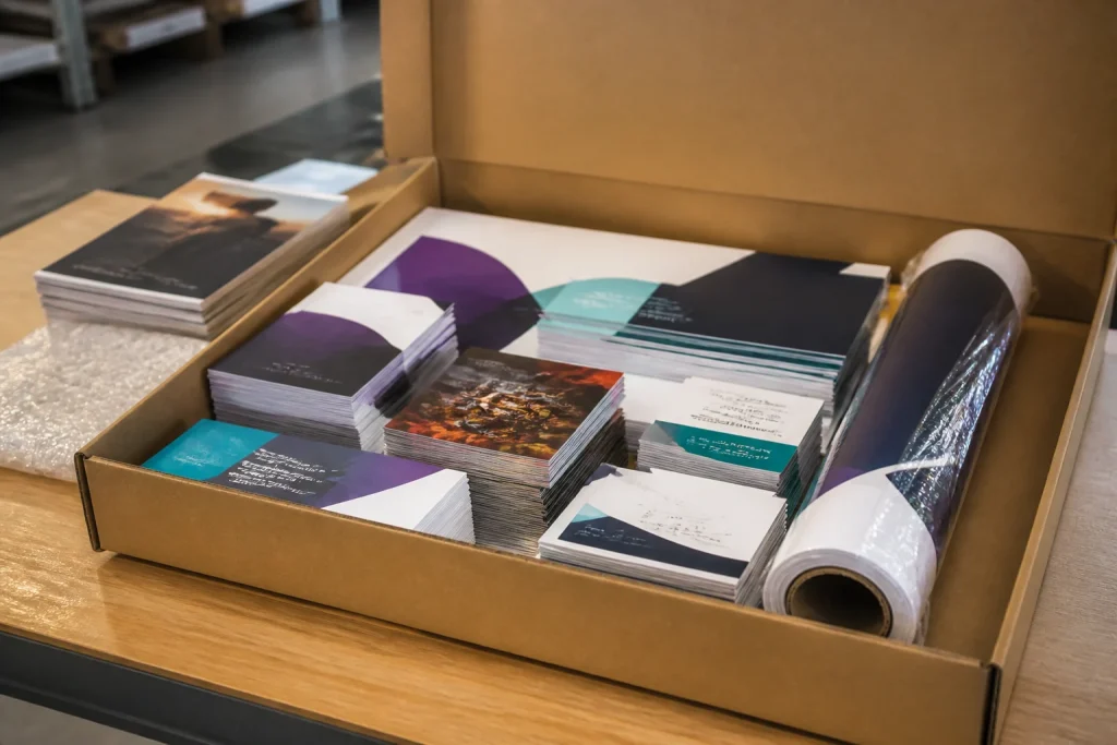 Packaged printed marketing materials ready for UK delivery