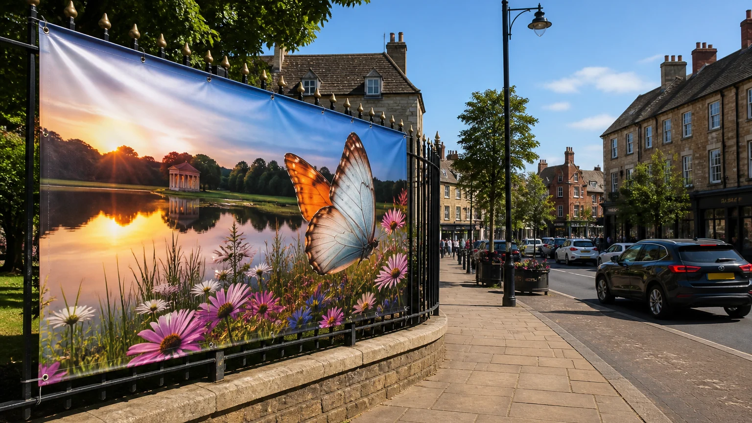 Large custom printed PVC banner displayed outdoors on a street in Oakham
