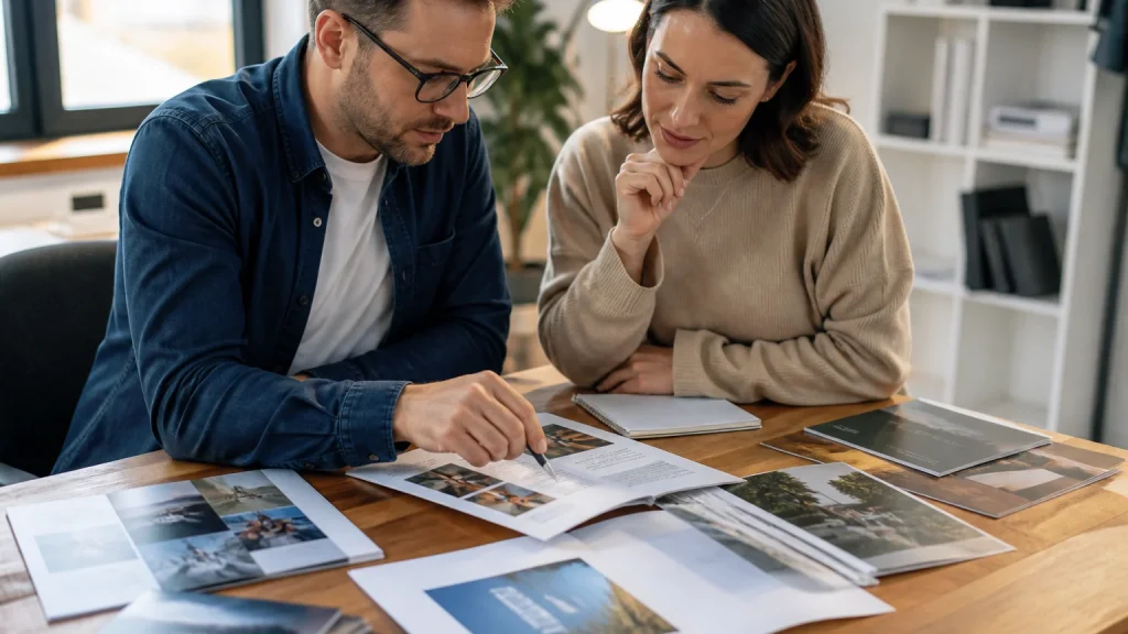 Designer and copywriter reviewing printed brochures and flyers for professional copywriting services