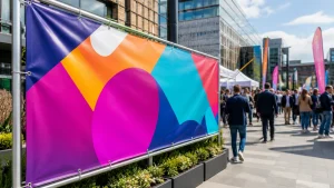 Custom printed banner with bold colours and clear text displayed at an outdoor UK event