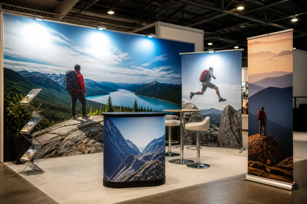 Trade show booth with large roller banner and pop-up display