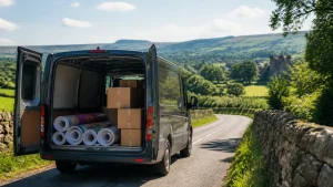 Delivery van transporting printed materials along a UK countryside road