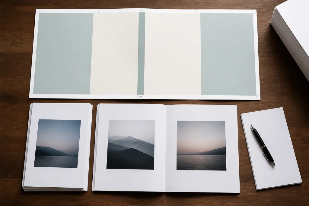 Book cover proof with front, spine and back panels beside interior pages.